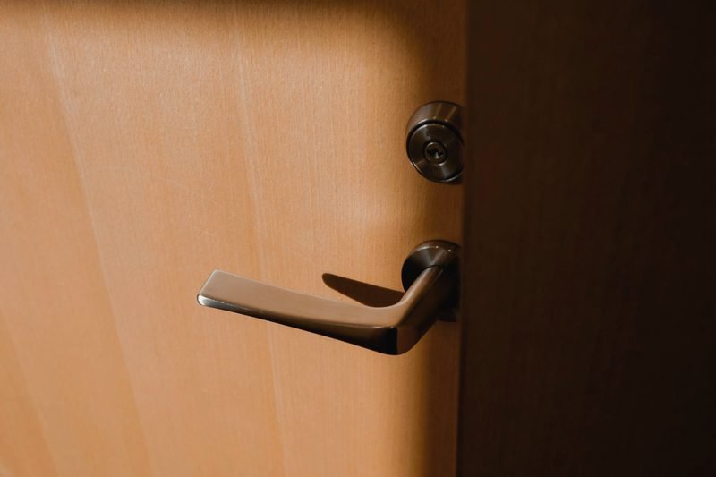 A lever handle and deadbolt on a wood-grain door in warm light