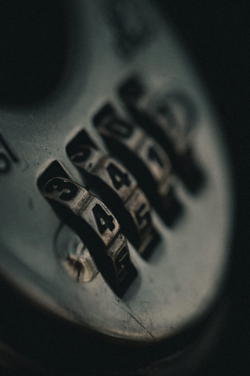Close view of the numbered wheels of a combination lock