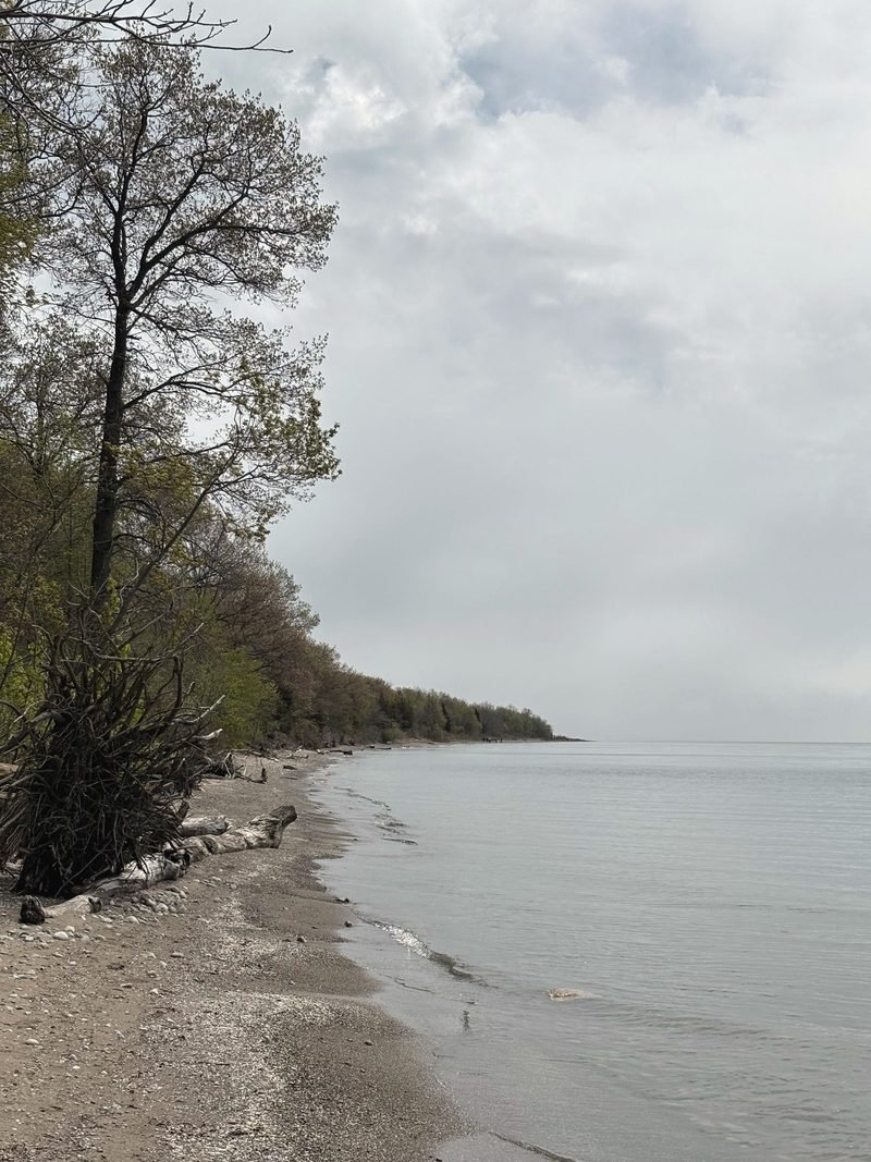 A narrow beach along calm grey Lake Erie water under a cloudy sky